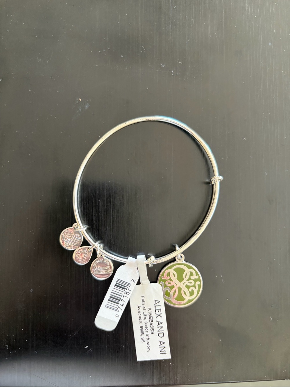 Alex and Ani Silver Expandable Bangle with Green Enamel Filigree Charm